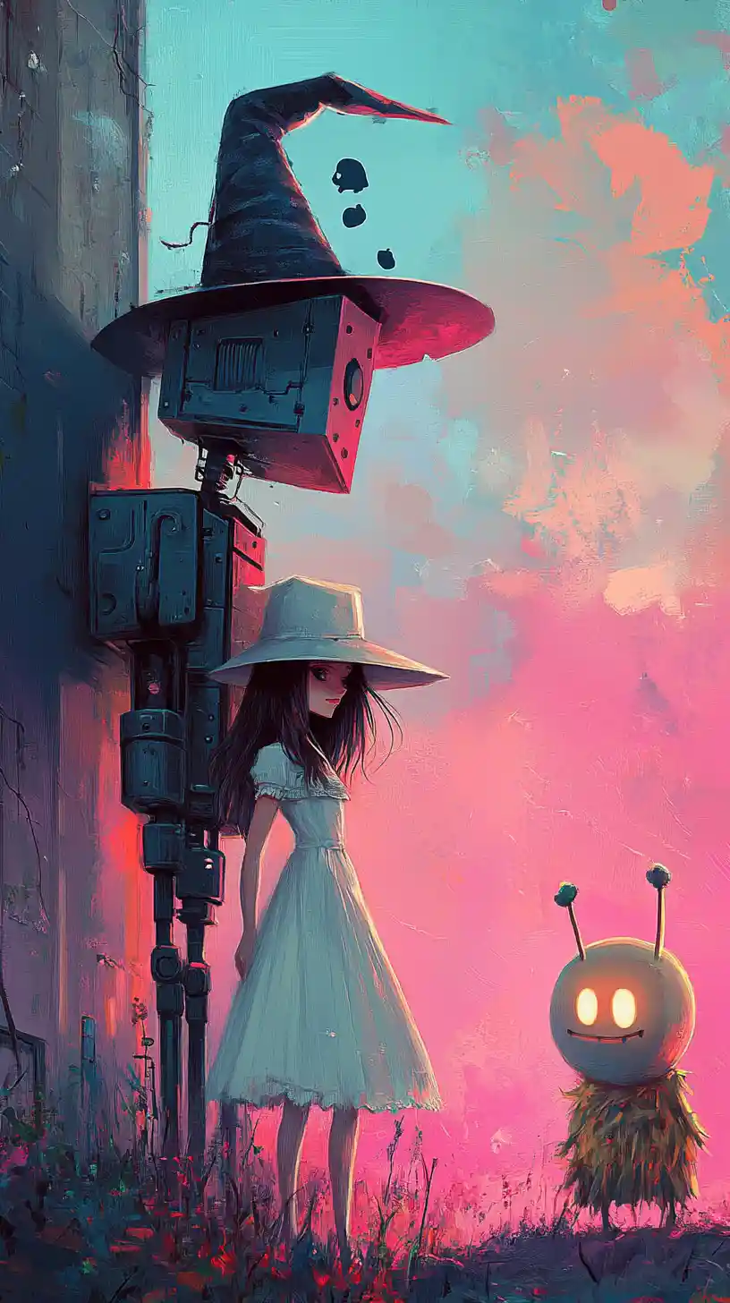 Ragazza strega retrò con robot e ione sorridente