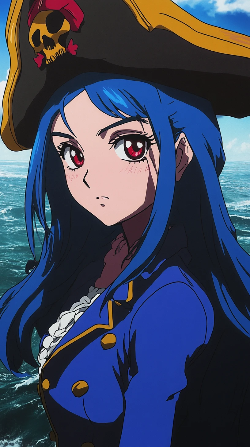 Mulher pirata em estilo anime em close ao lado do mar tempestuoso