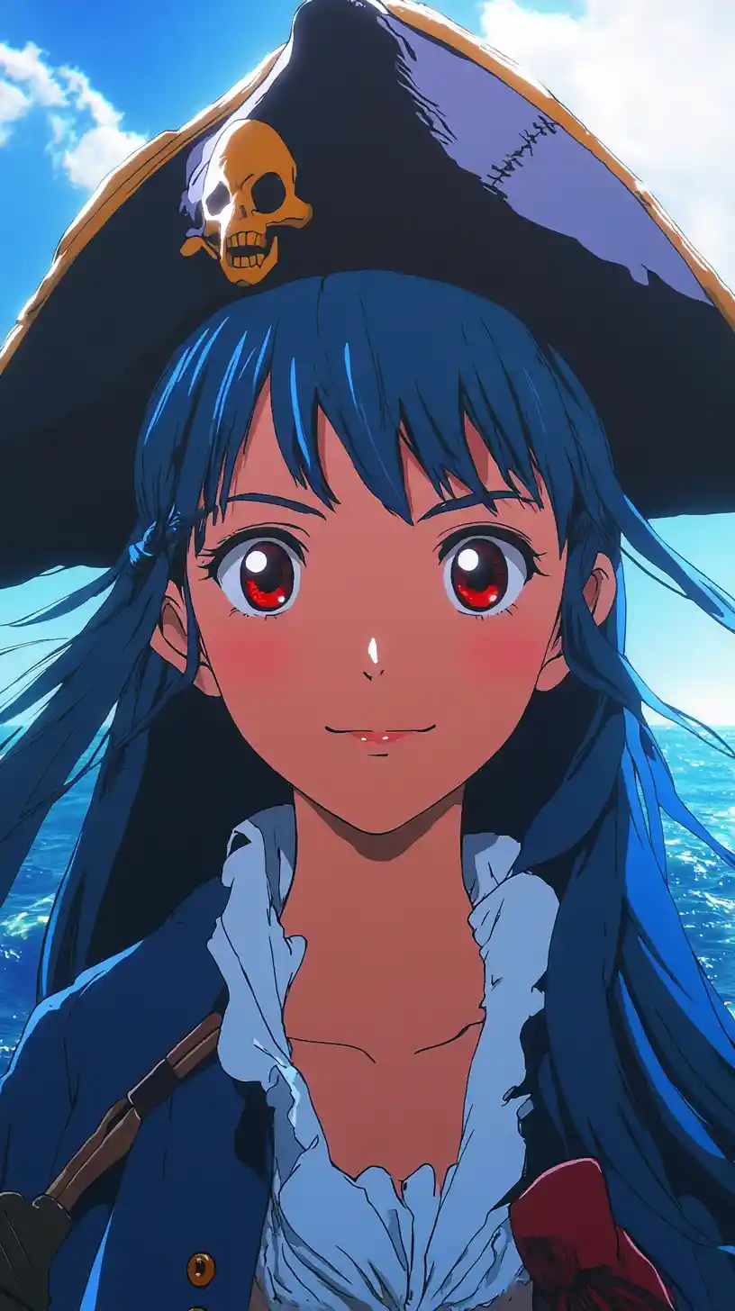 Femme pirate d’anime face à un océan orageux et un ciel bleu