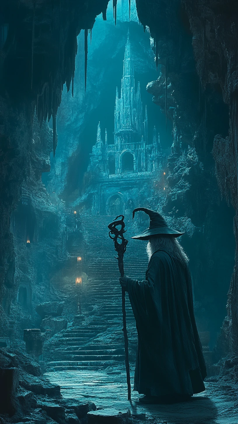 Velho mago em um vasto templo de pedra com luz dramática