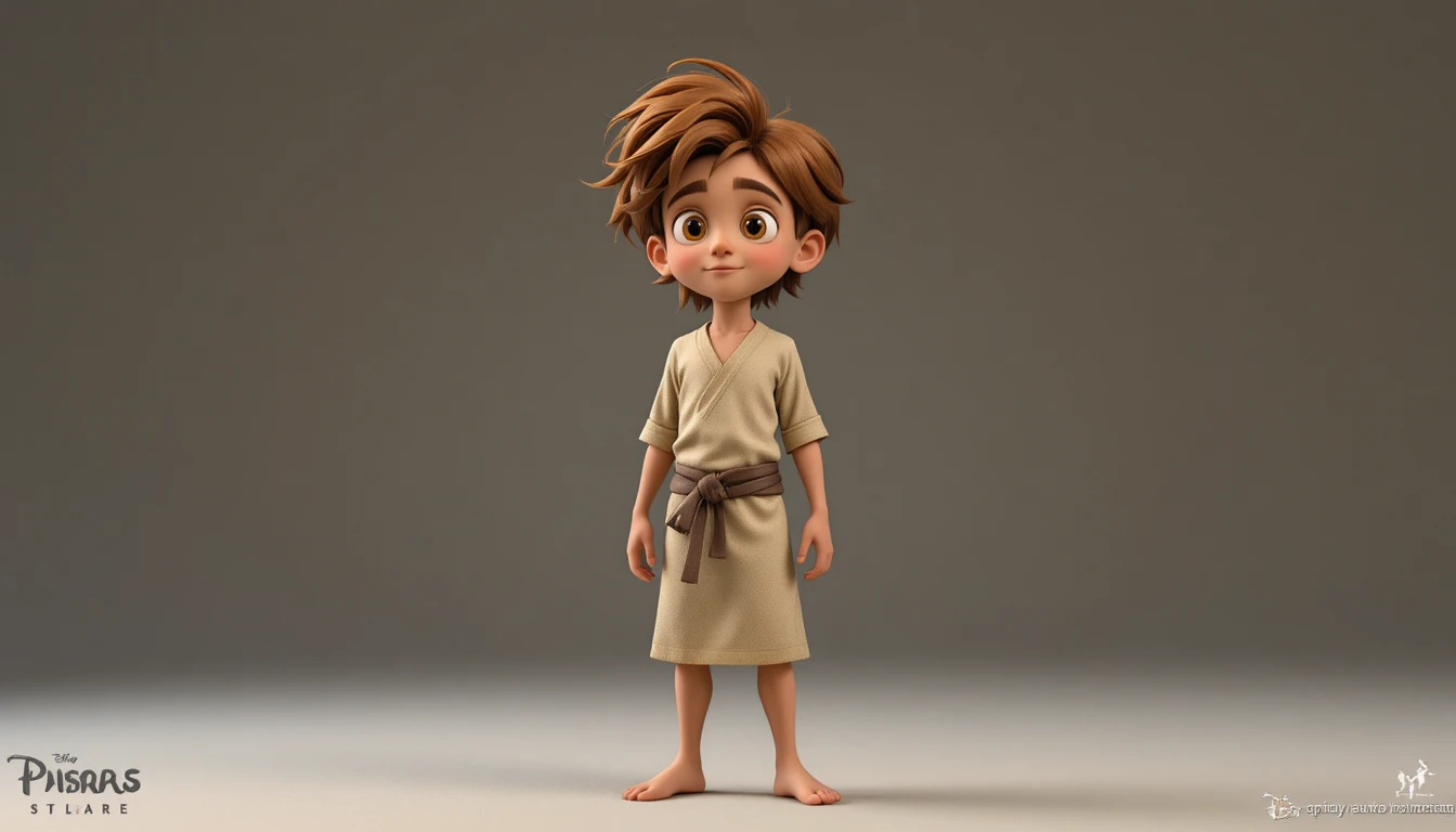 Fiche de personnage 3D d’un jeune garçon curieux en tunique de lin