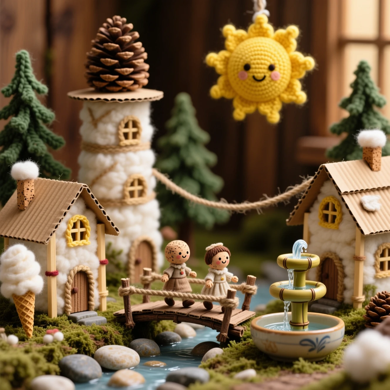 Fiabesco villaggio in miniatura fatto di fili e ramoscelli