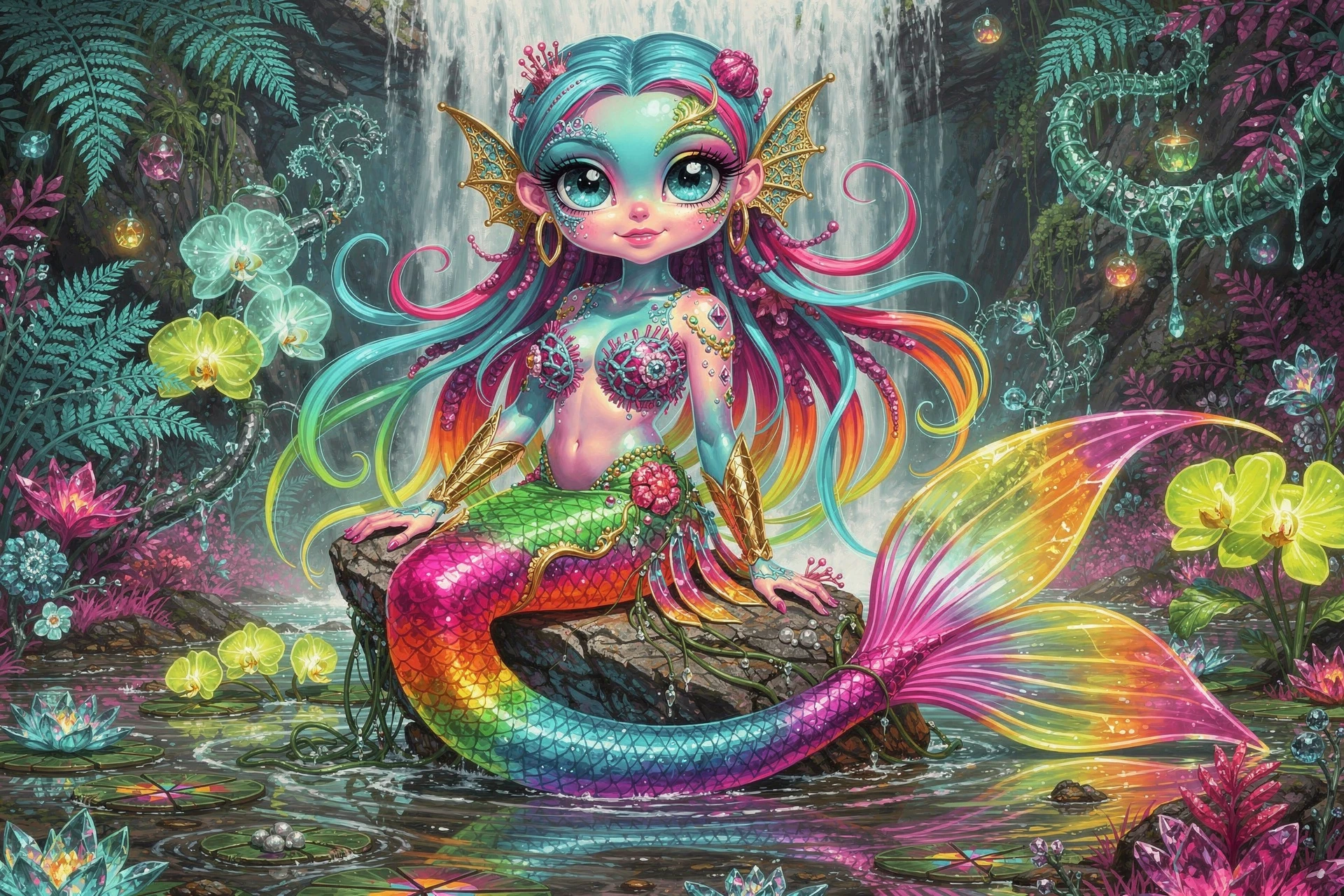 Alien rainbow mermaid on rock in surreal fantasy lagoon