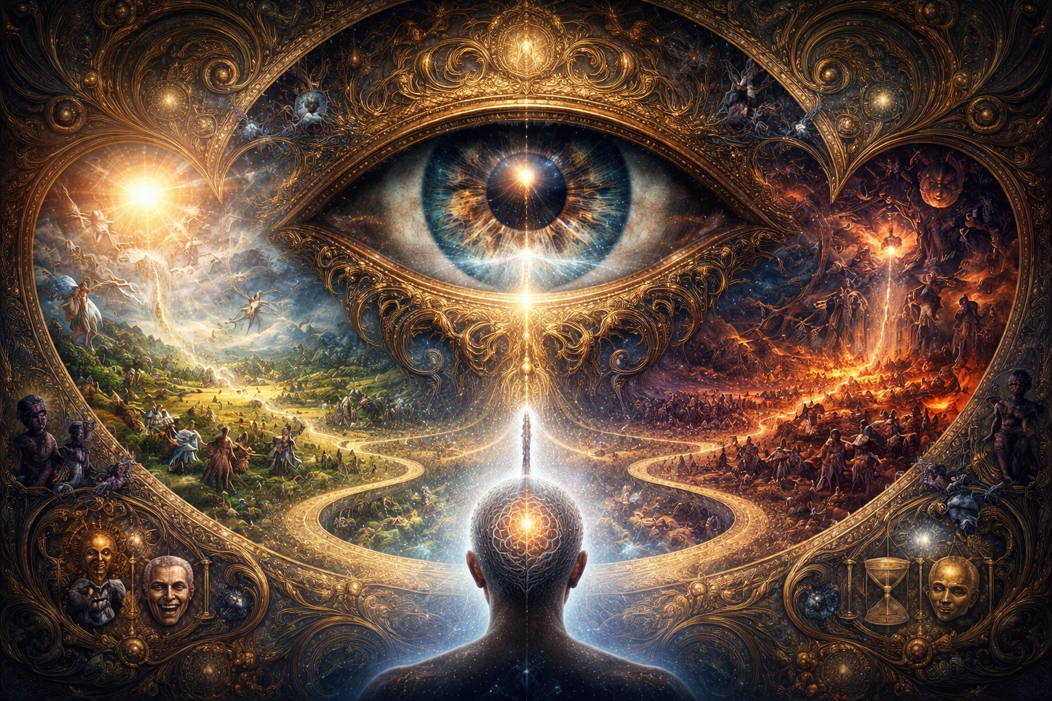 Symbolic reflection on life choices and inner divine comedy