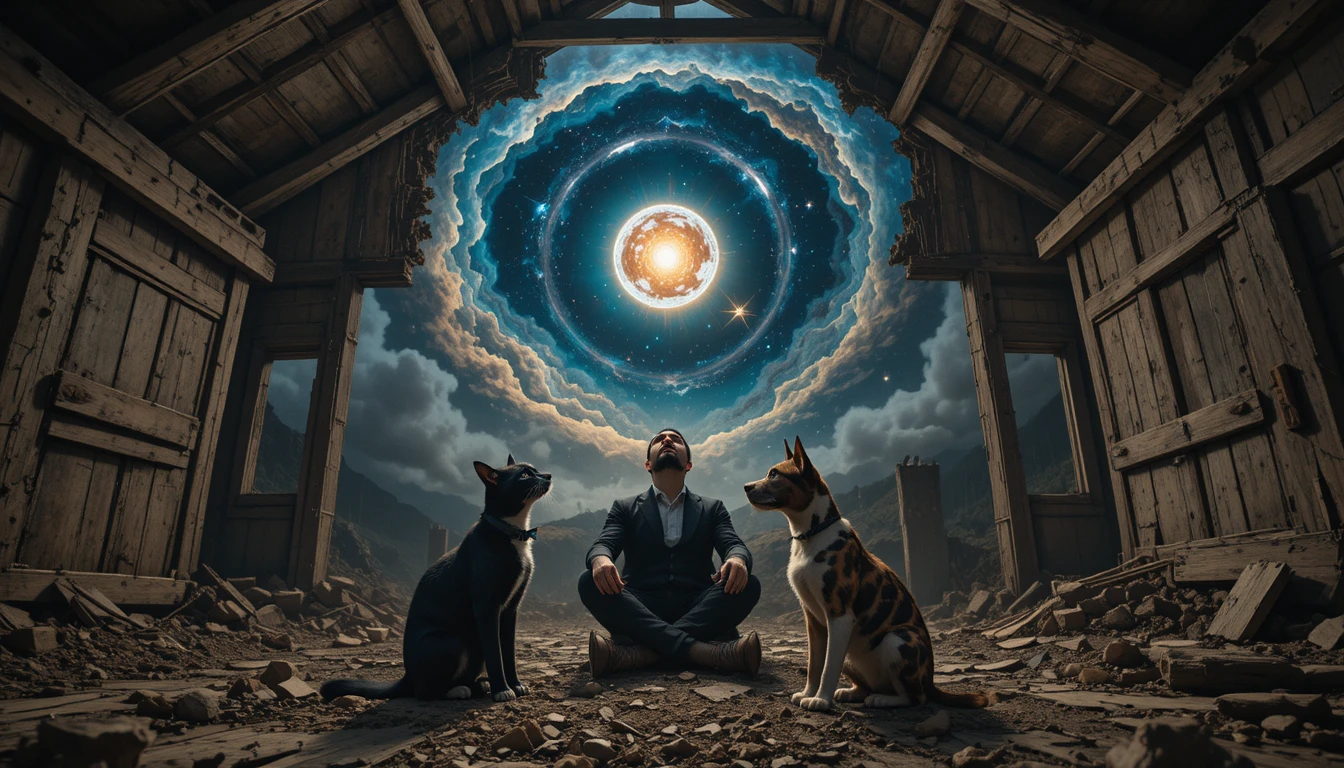 Homem e animais contemplando uma nebulosa cósmica acima