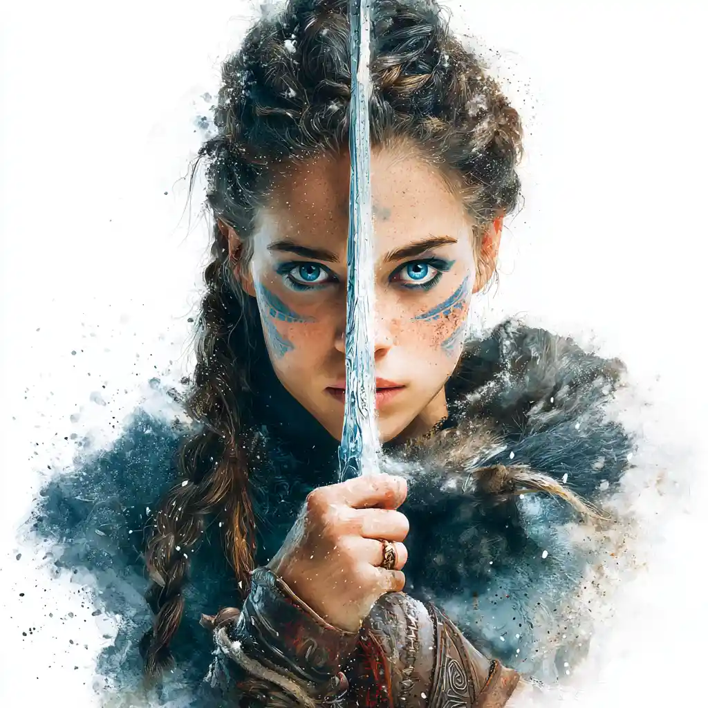 Guerrière valkyrie défiant la neige avec une épée lumineuse