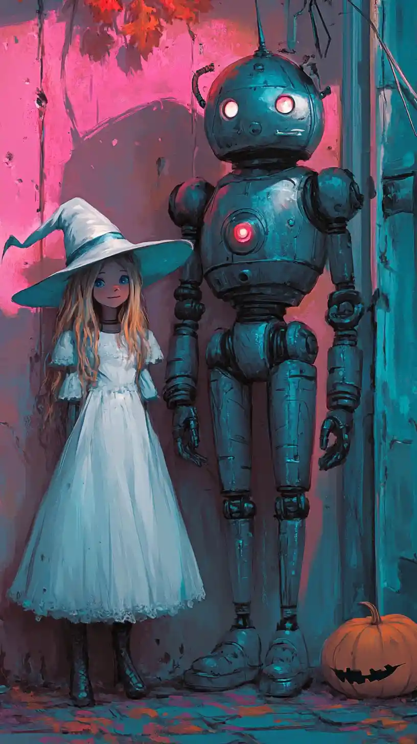 Retro cartoon witch girl with robot and smiling ion