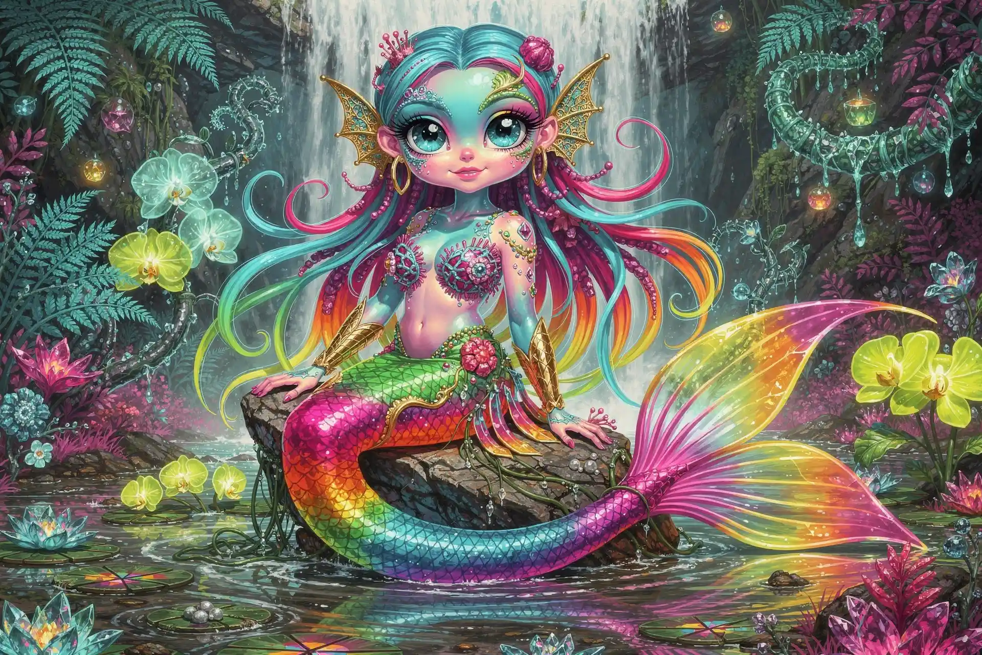 Alien rainbow mermaid on rock in surreal fantasy lagoon