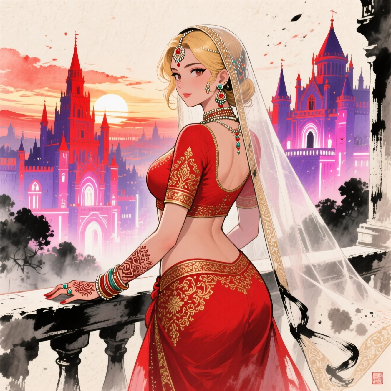 Verführerische indische Braut im roten Lehenga auf Stadtbalkon