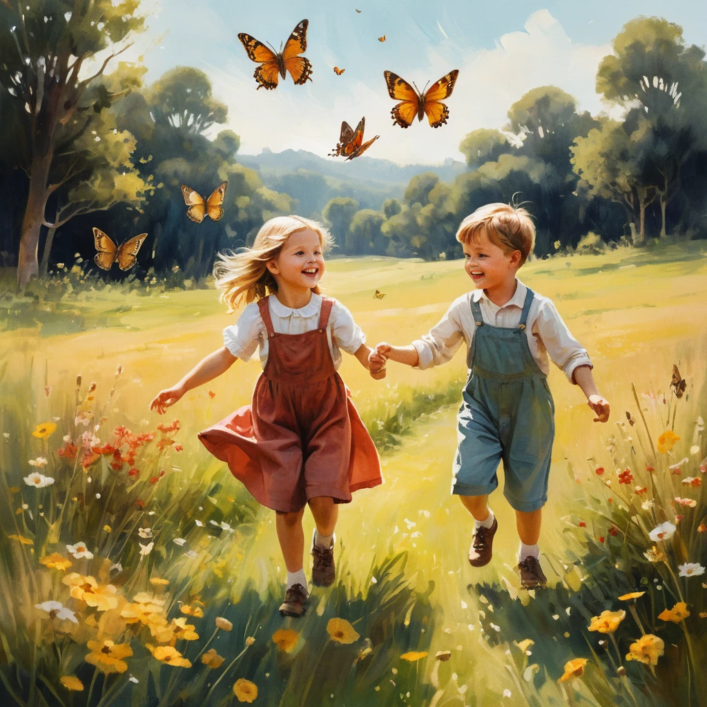Tableau à l’huile vintage d’enfants avec des papillons dans un pré