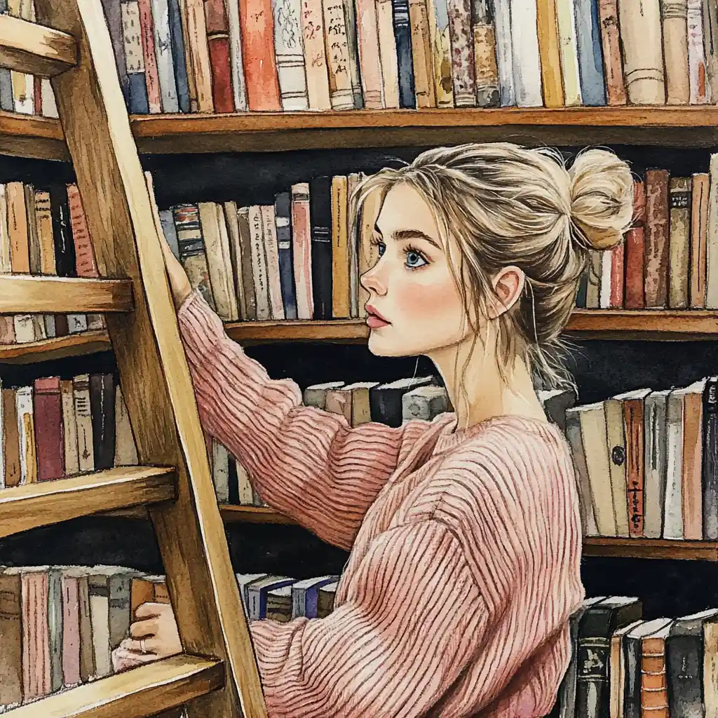 Mulher folheando livros em uma escada de madeira em biblioteca em aquarela