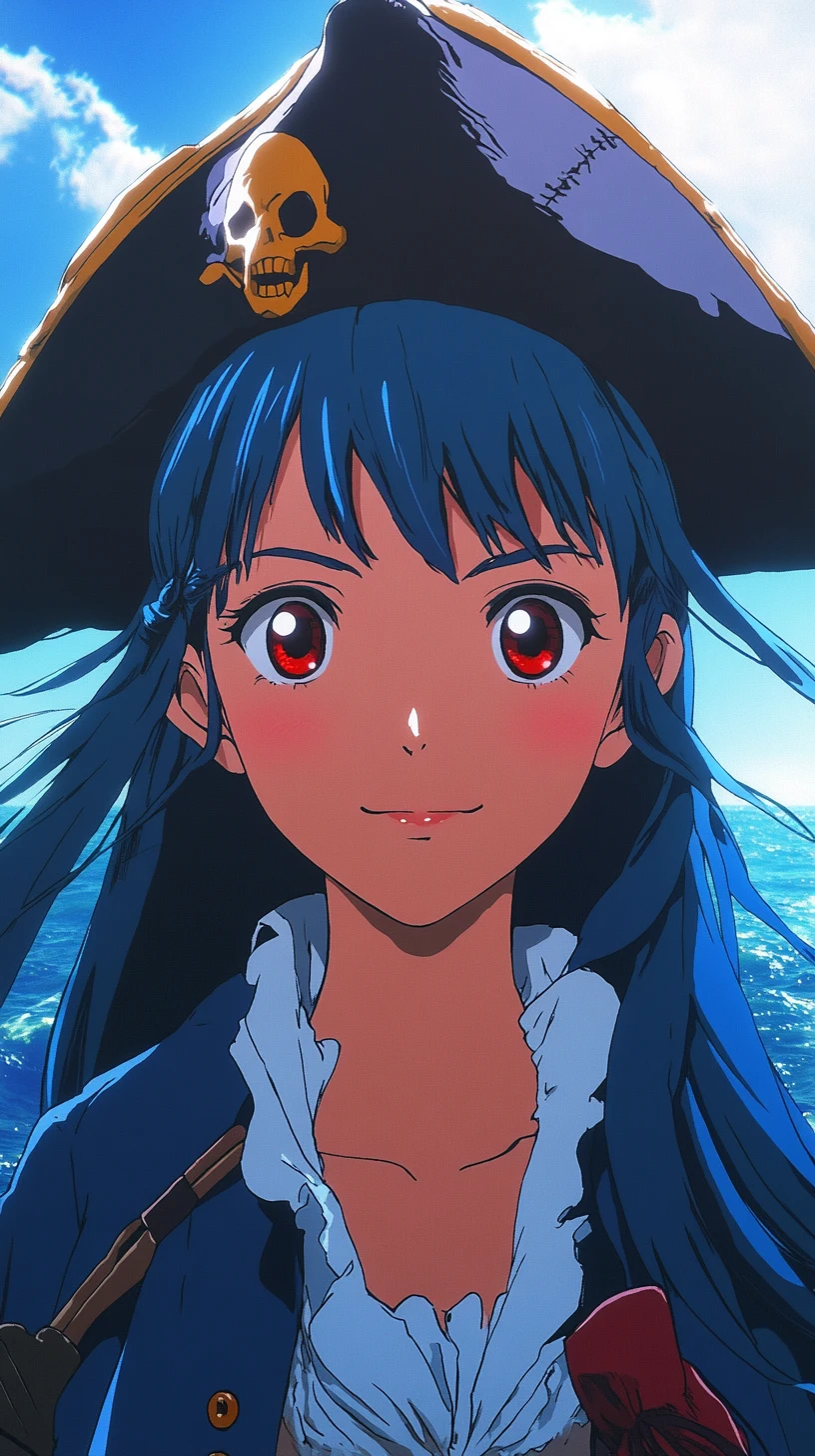 Pirata mulher em estilo anime diante de oceano tempestuoso e céu azul