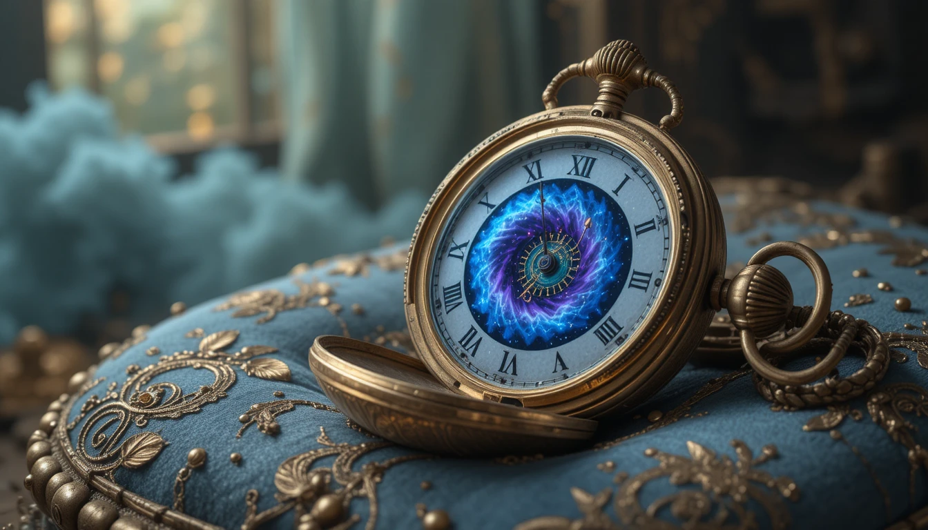 Surreal pocket watch with swirling cosmic nebula inside