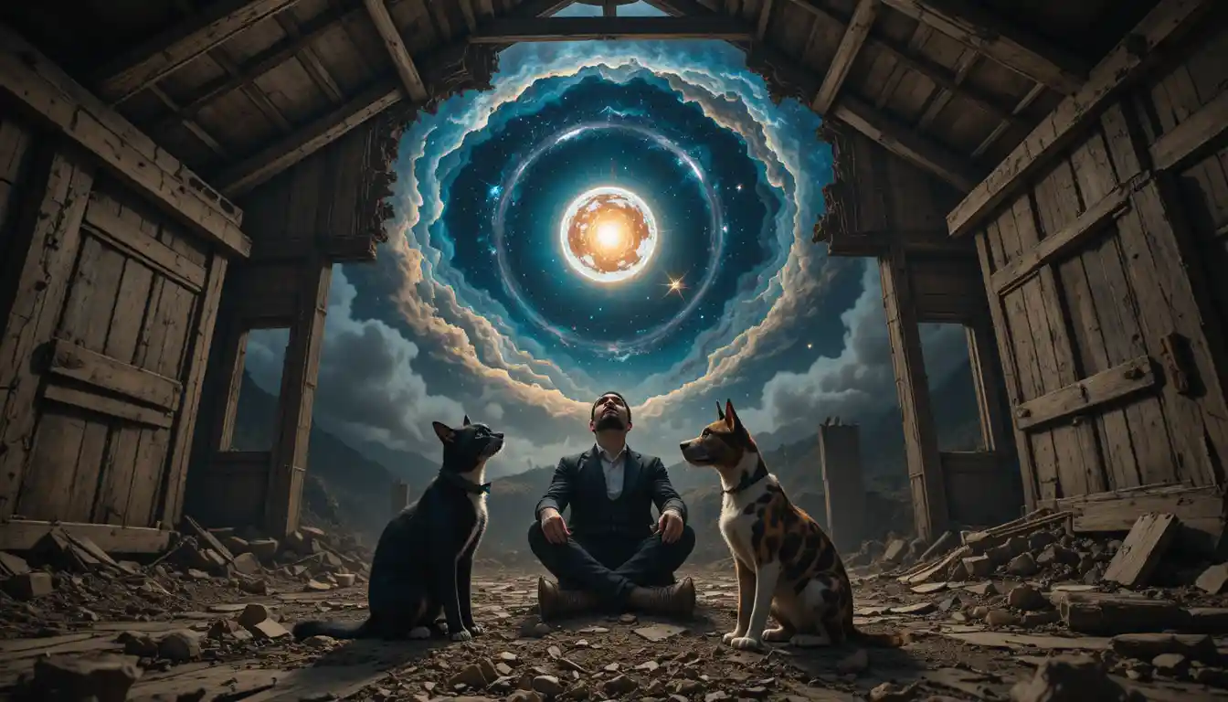 Homem e animais contemplando uma nebulosa cósmica acima