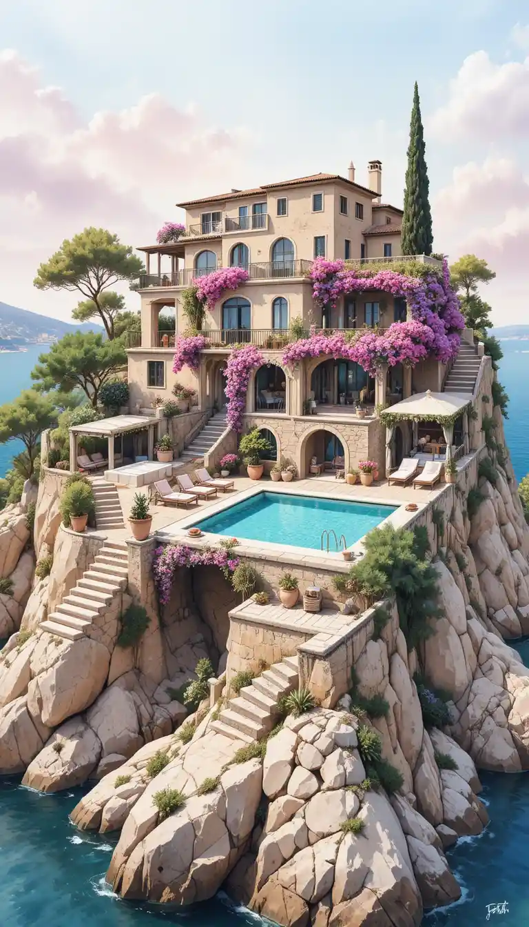 Villa mediterránea en acantilado sobre una tranquila piscina infinita