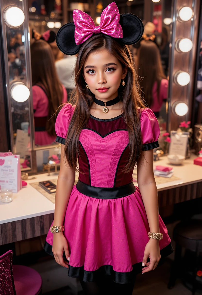 Ragazzino con vestito rosa di Minnie al vanity di una boutique