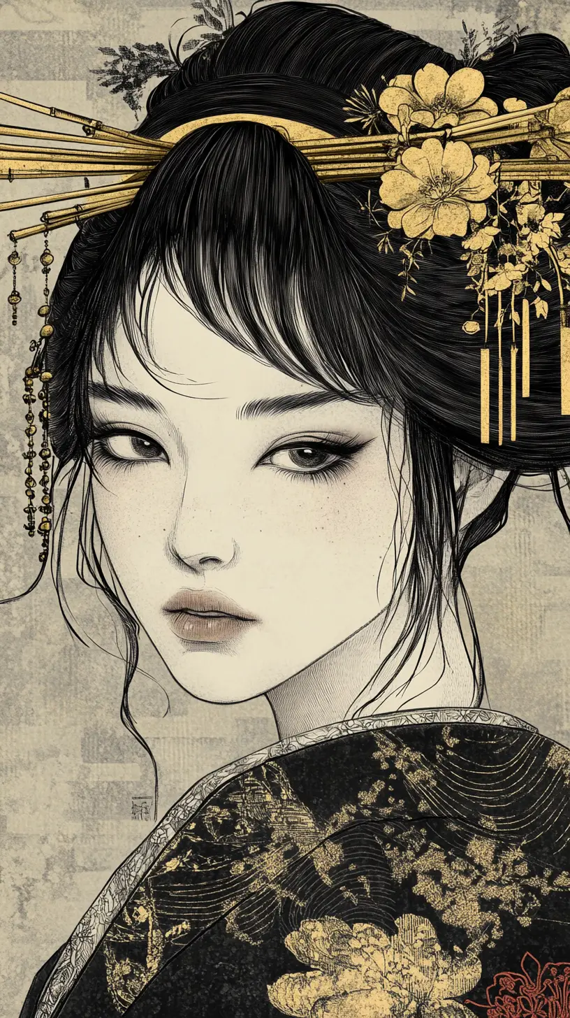 Geisha portrait in monochrome ukiyo e ink illustration