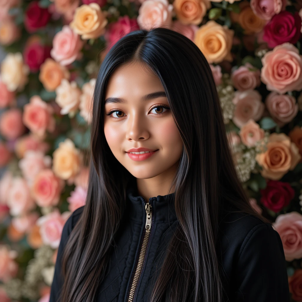 Young girl close up portrait with colorful rose wall