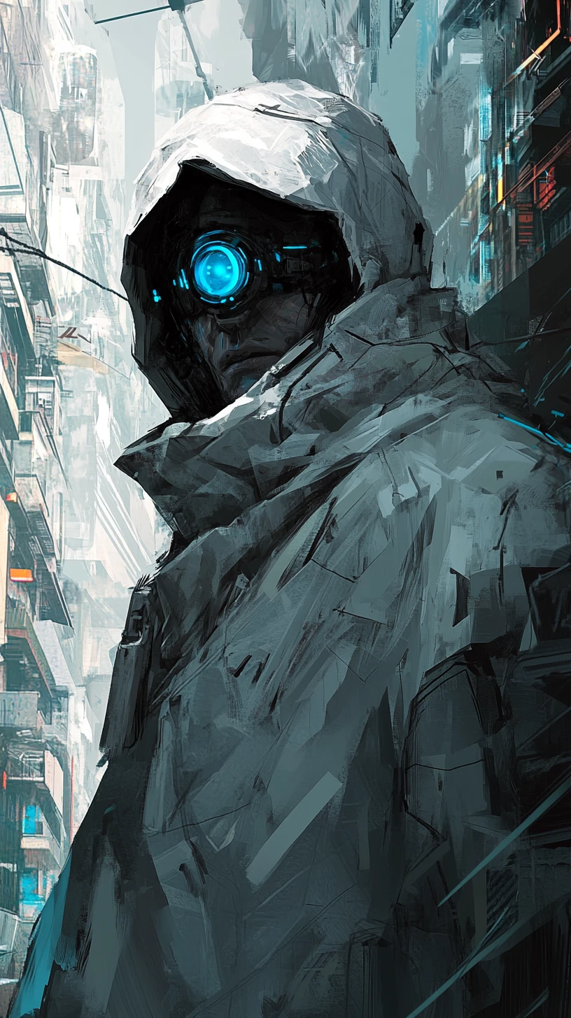 Detective cibernético con ojo brillante en paisaje urbano caótico