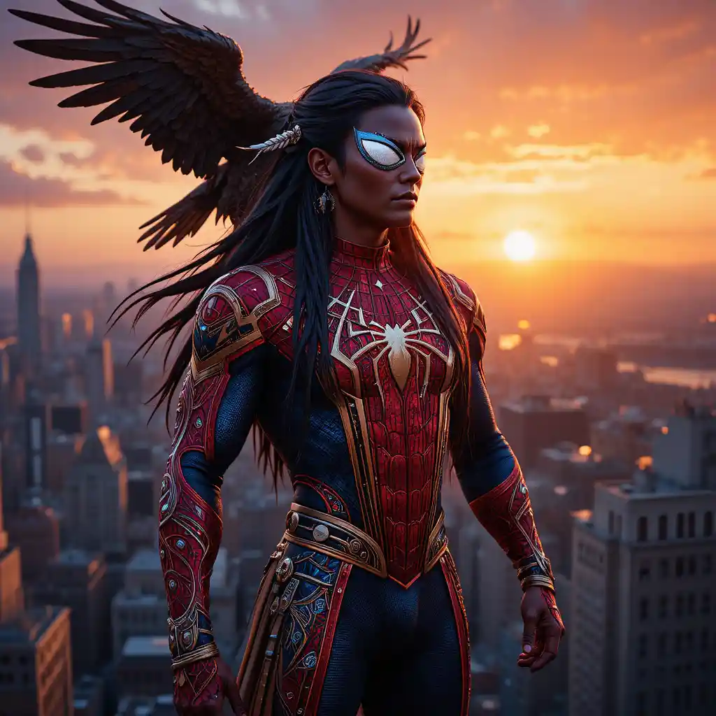 Super-herói inspirado em nativos americanos sobrevoando a cidade ao pôr do sol