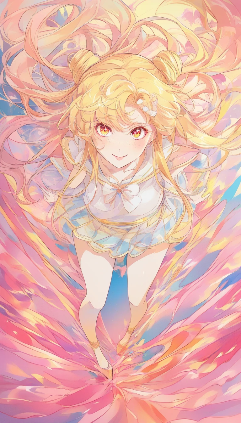 Anime-Mädchen im Sonnenaufgangshimmel im modernen Commercial-Stil