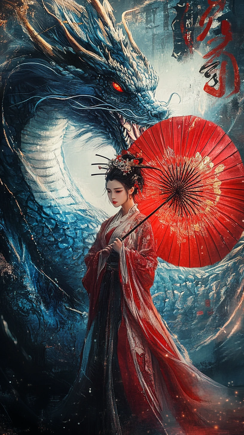 藍龍身旁撐紅紙傘的漢服女子