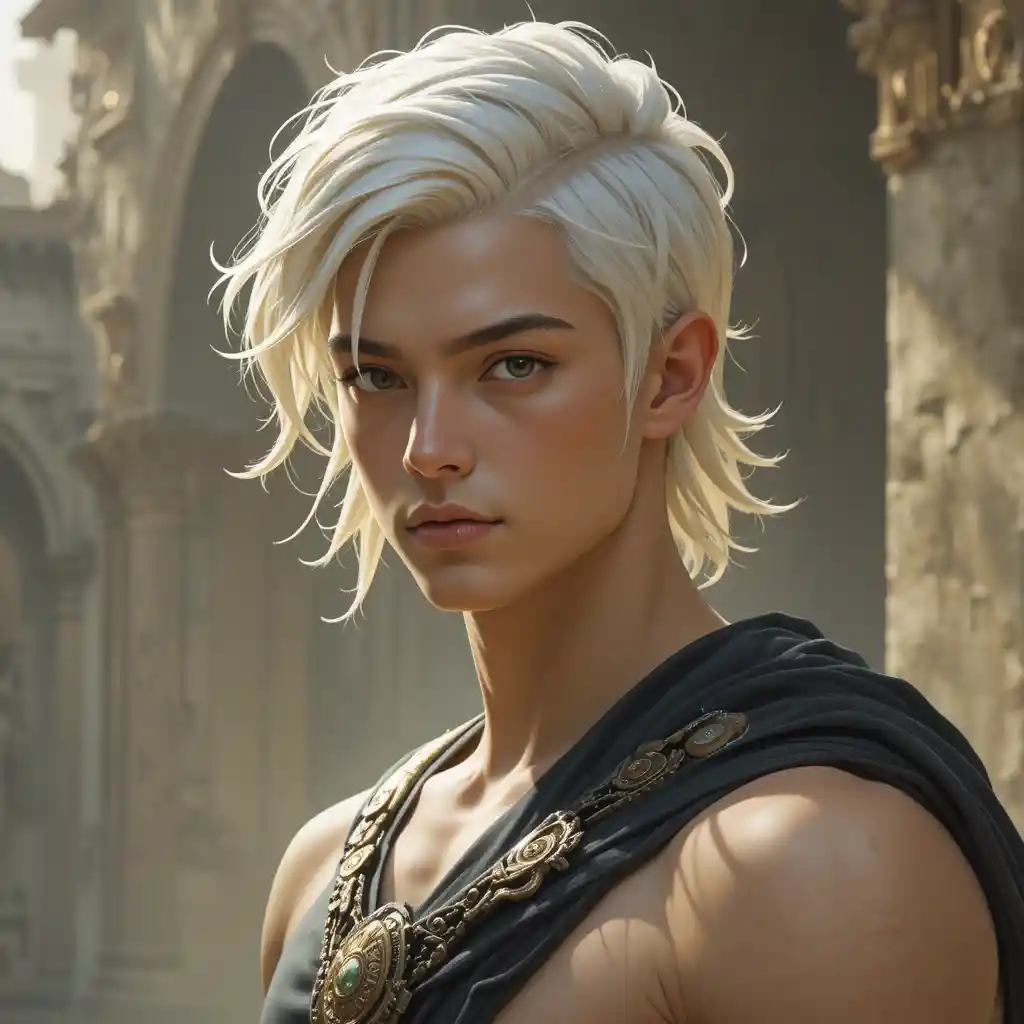Junge Gottheit mit dunklen Augen und weißem Haar in einer Fantasywelt
