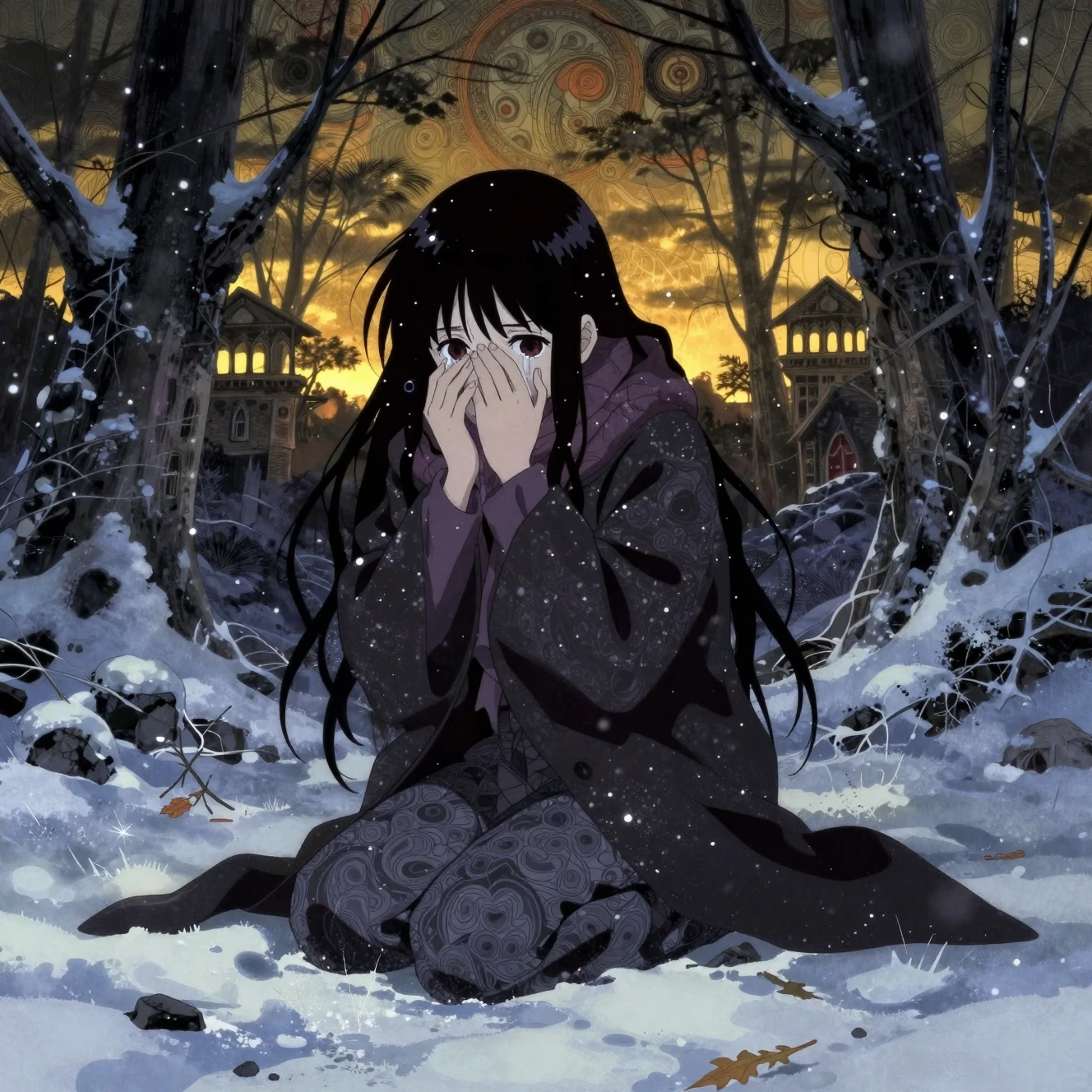 Ragazza anime che trema in un oscuro paesaggio innevato horror