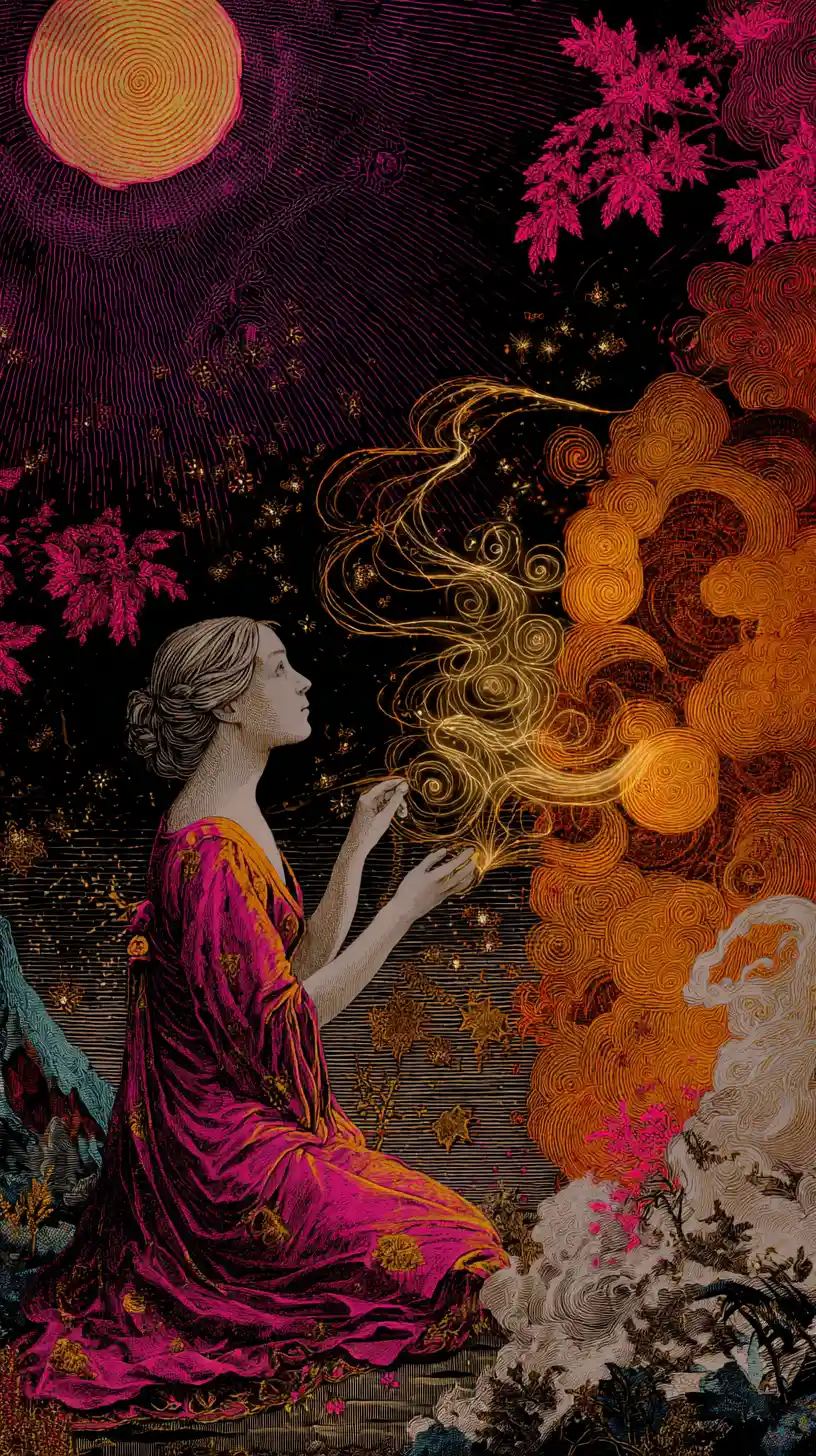 編織銀色與金色夢幻絲線的奇幻女子