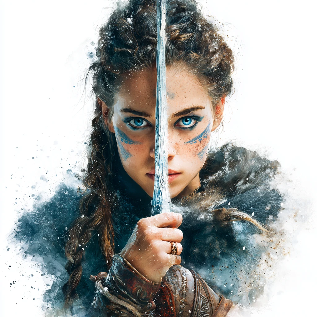Guerrière valkyrie défiant la neige avec une épée lumineuse
