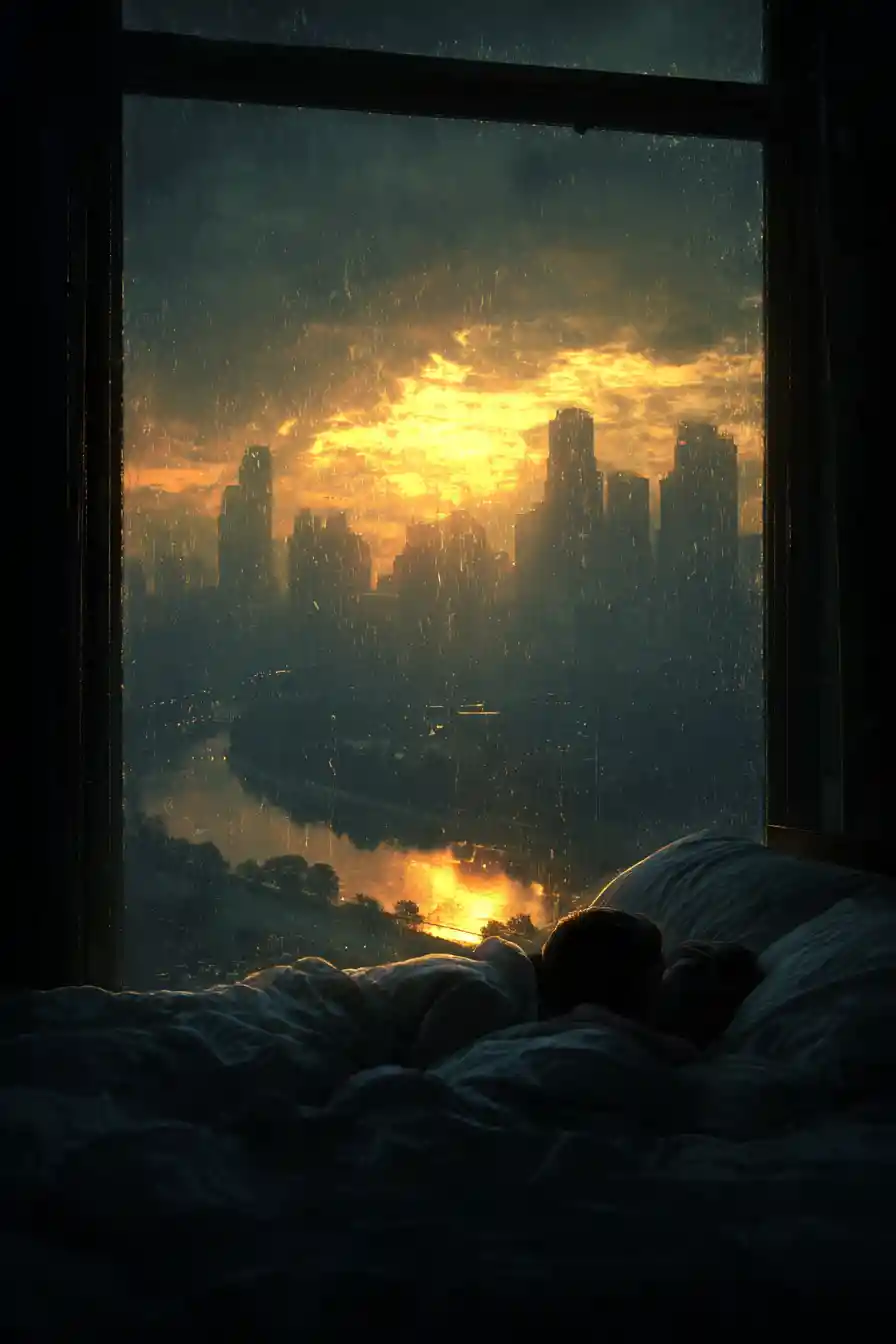 Pareja romántica relajándose en la cama ante un atardecer luminoso sobre la ciudad
