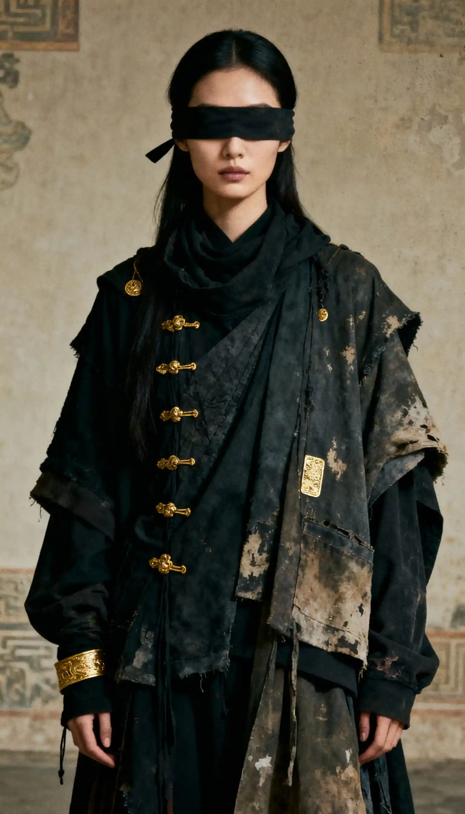 Dark avant garde fashion portrait of a woman in layers
