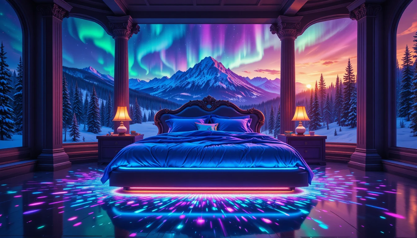 Camera da letto fantasy con letto al neon luminoso e cielo di aurora