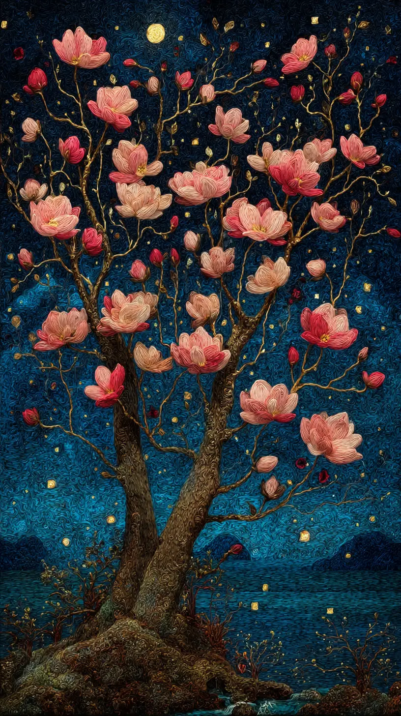 Needle felted blossoms on a tree in an enchanted forest