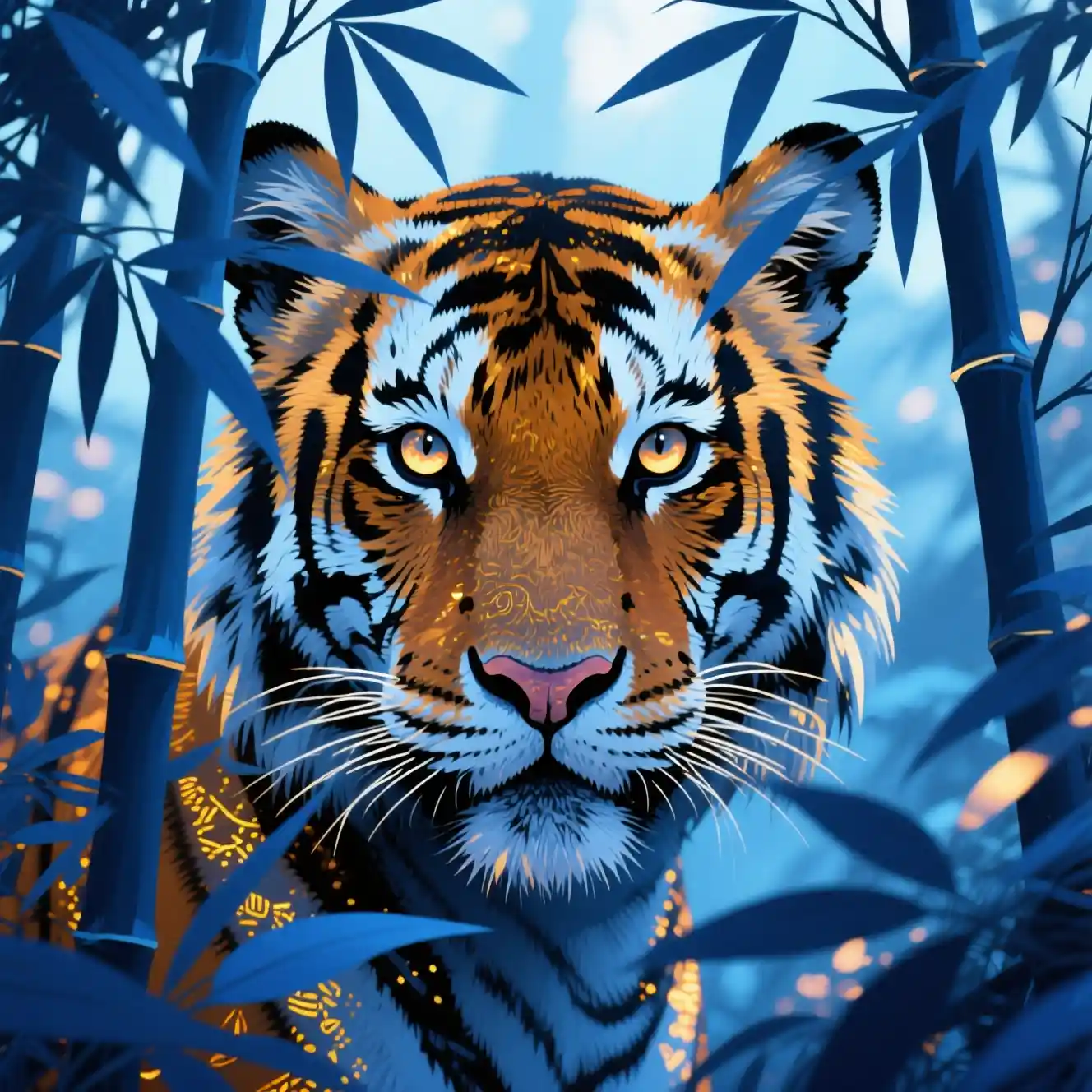 Majestic tiger face framed by glowing blue foliage
