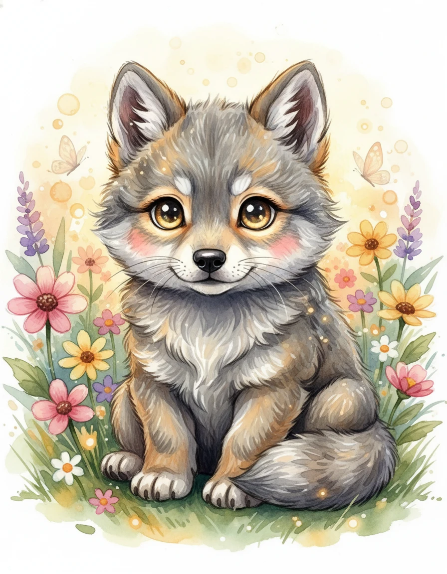 Adorável filhote de lobo cinza em um prado florido encantado