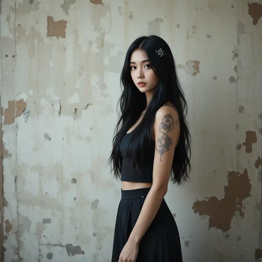 Young Asian woman in soft light against aged wall