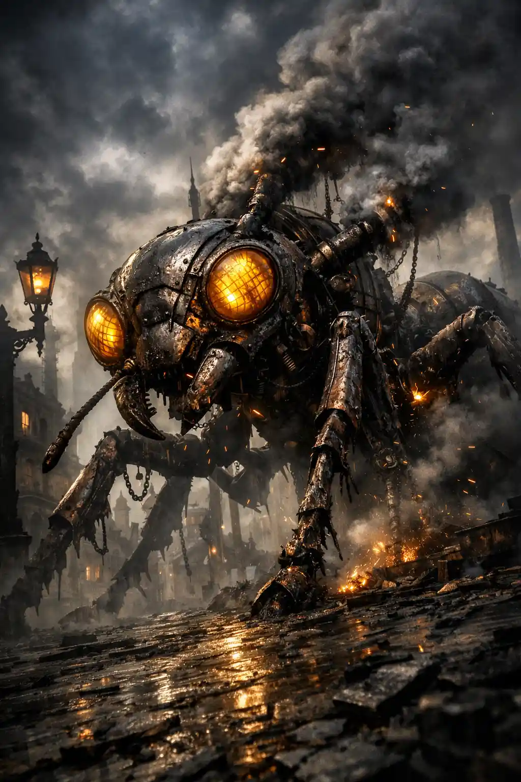 Gigantesco insetto steampunk che striscia attraverso città industriale abbandonata