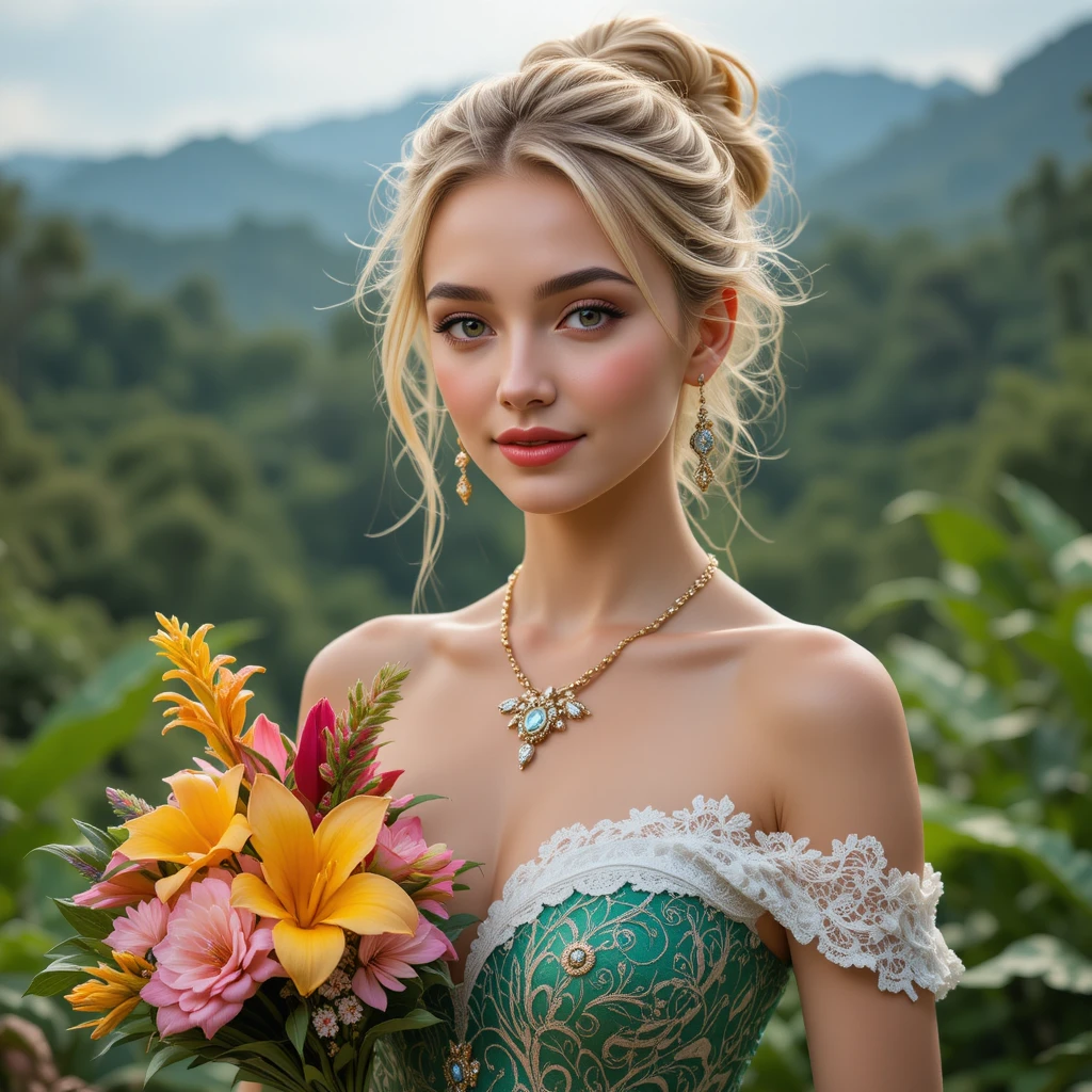 Happy blonde woman in lace dress with tropical bouquet