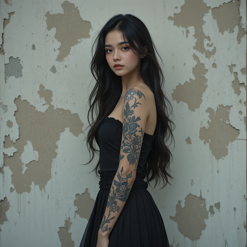 낡은 벽 옆 부드러운 빛 속의 젊은 아시아 여성