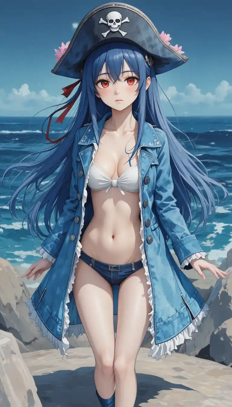 Anime pirate girl with blue hair in deep sea scene