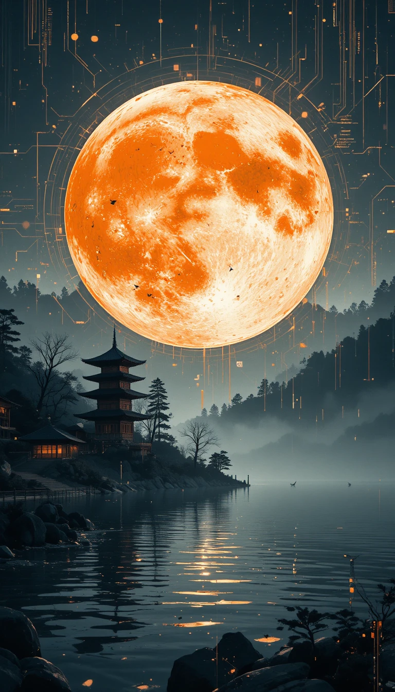 Vila japonesa com pagodes à beira de um lago sob uma imensa lua laranja