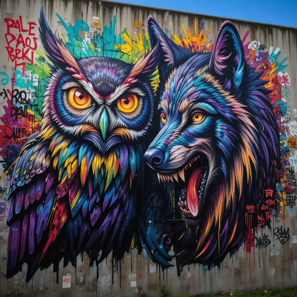 Mural colorido de coruja e lobo em parede de concreto desgastada