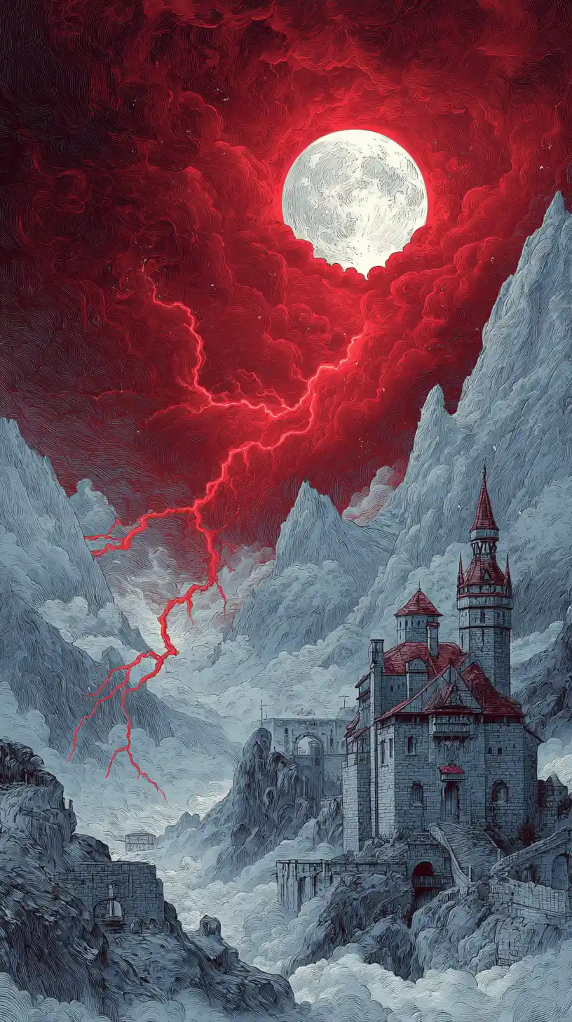 Château de montagne en pleine tempête sous une pleine lune lumineuse