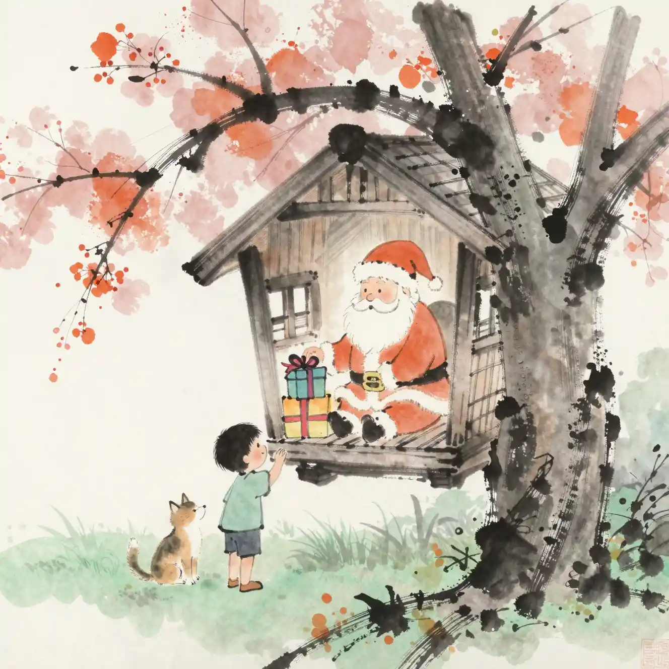 Close up ink wash painting of a sakura treehouse