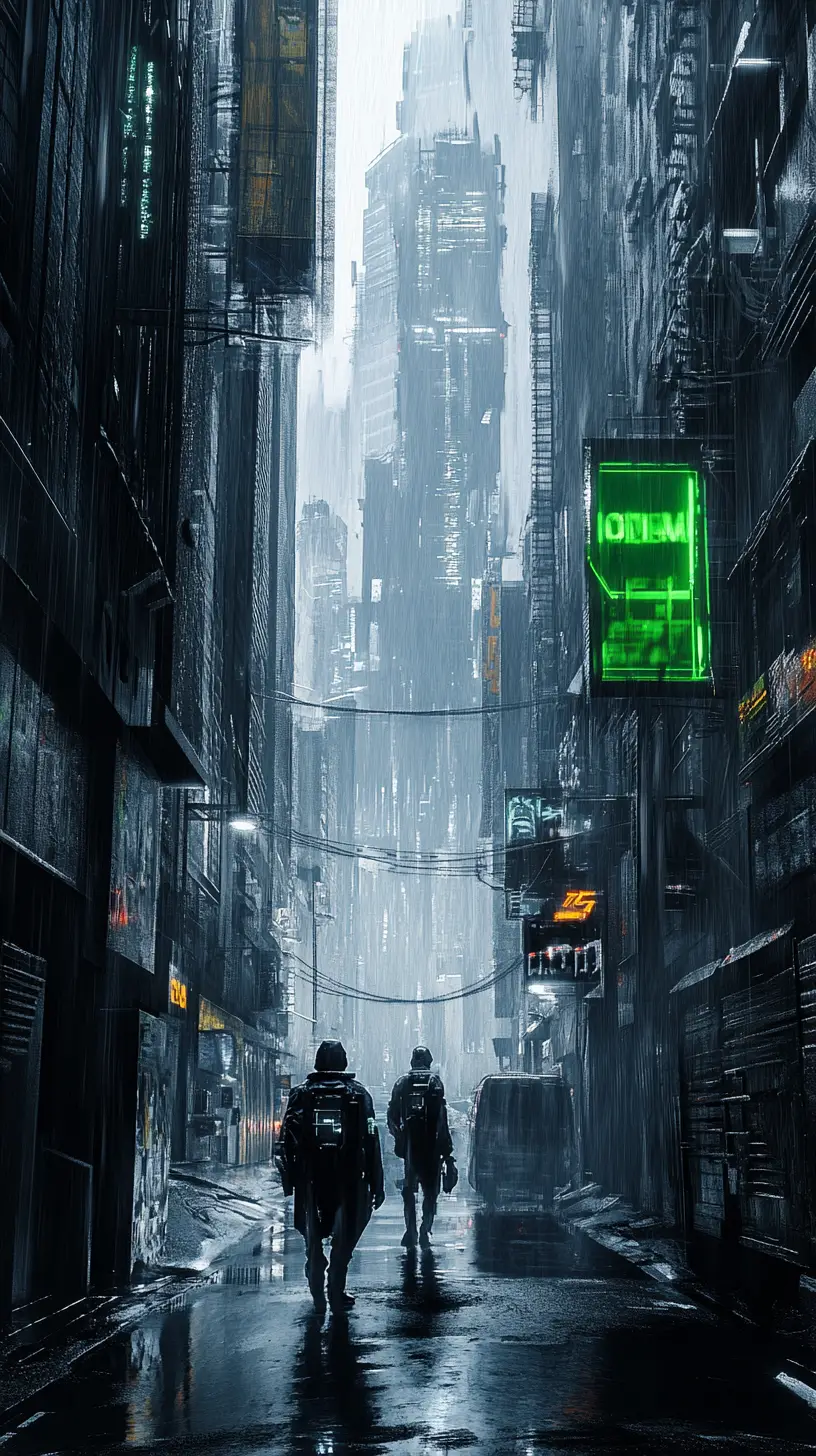 Two figures walking through a rainy alley between tall skyscrapers