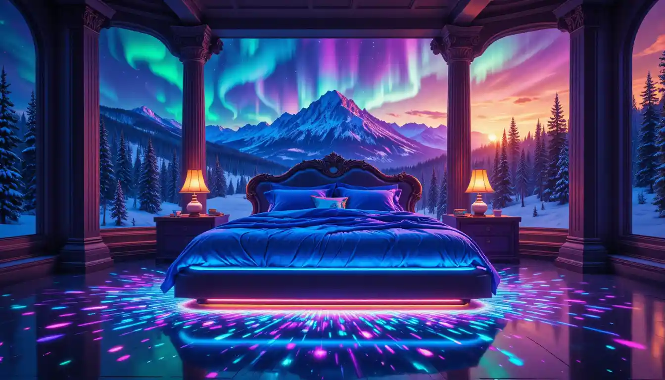 Fantasy bedroom with glowing neon bed and aurora sky