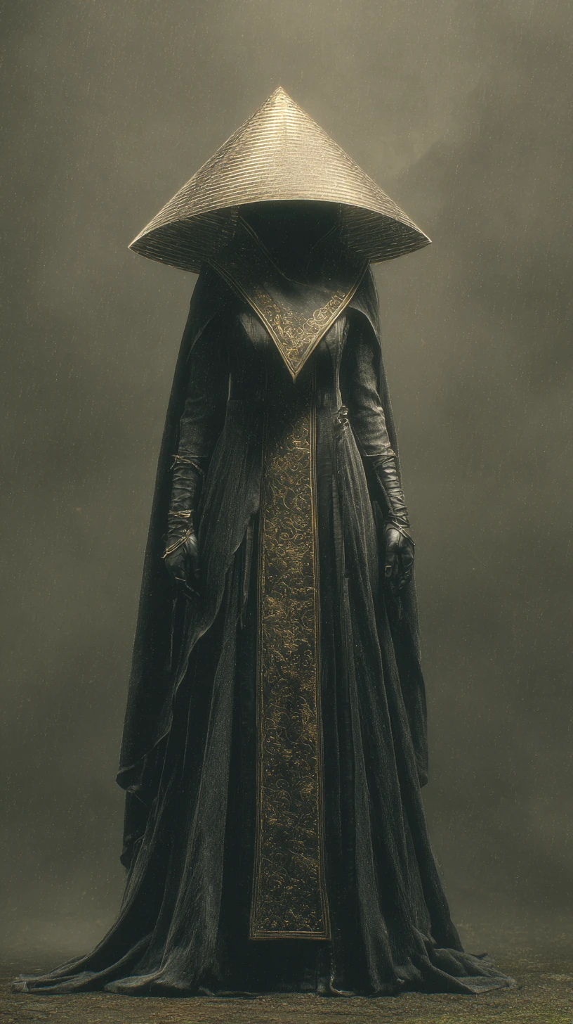 Veiled woman in dark robes standing in rain and mist