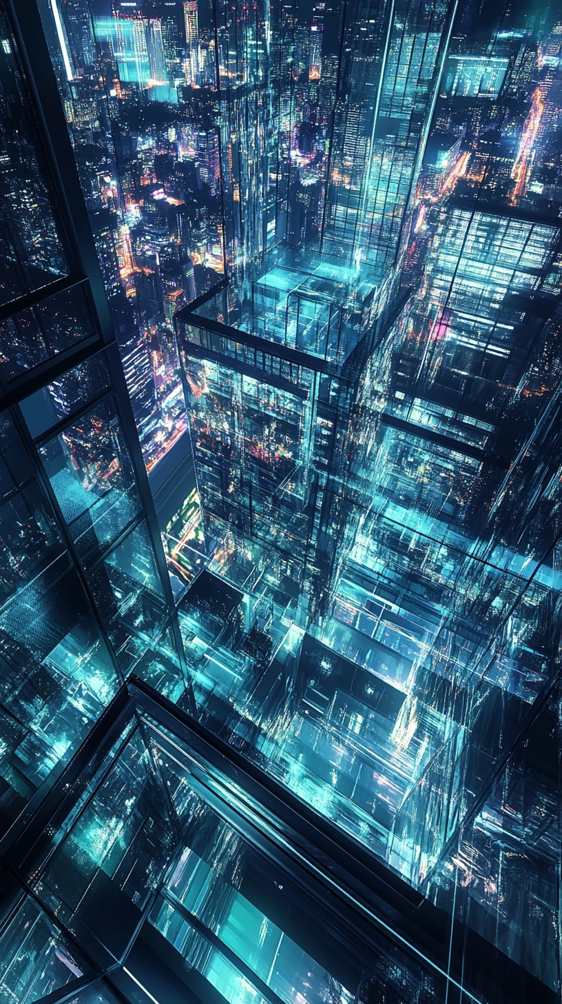 Quartier generale futuristico in vetro che brilla sopra la città moderna