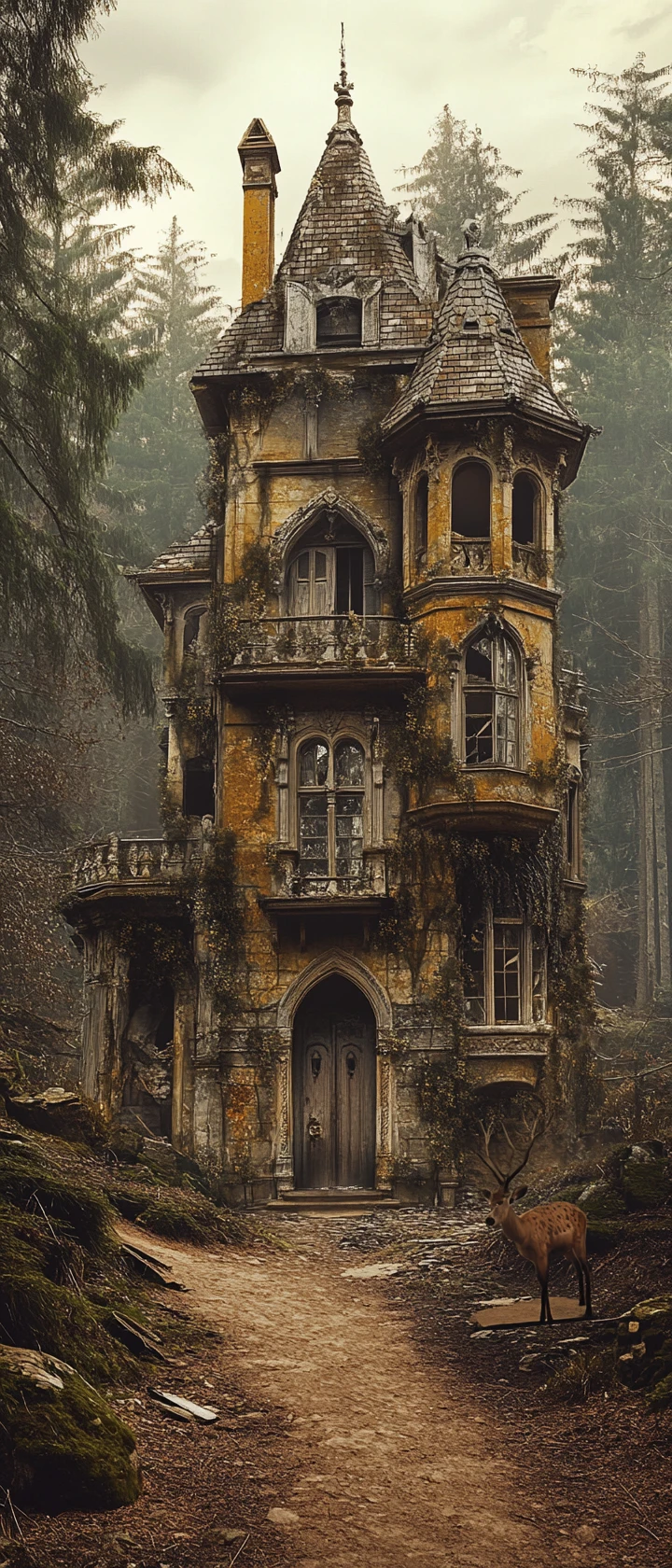 Mansión victoriana en ruinas en un bosque brumoso al atardecer
